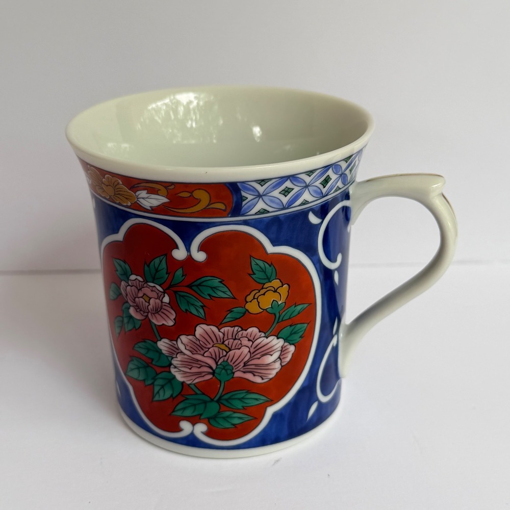 Japanese Imari Porcelain Mug Floral Peony Cobalt Blue Red Gold Gilt Tea Cup